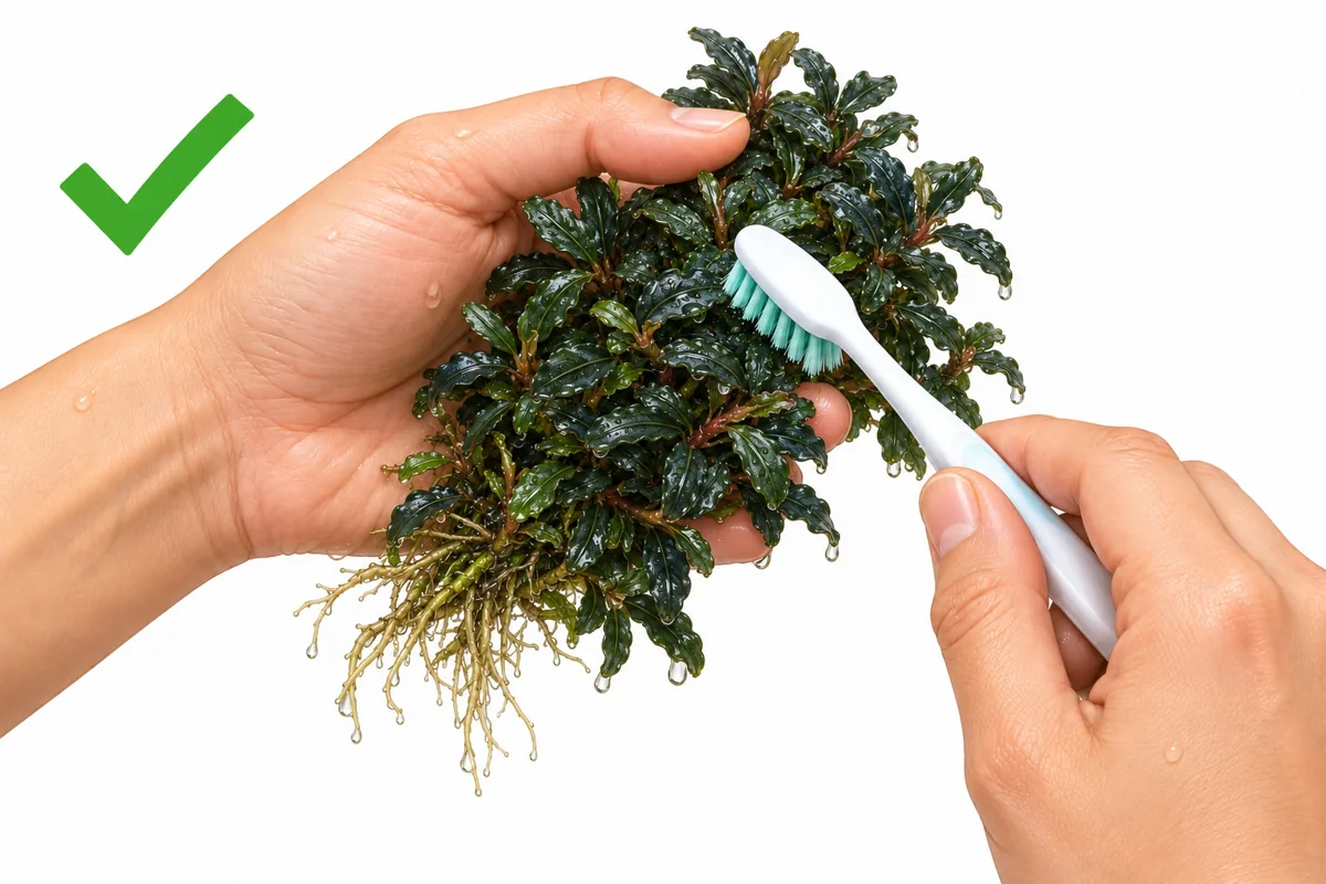Gently brushing a Bucephalandra plant with a soft toothbrush to remove loosened algae