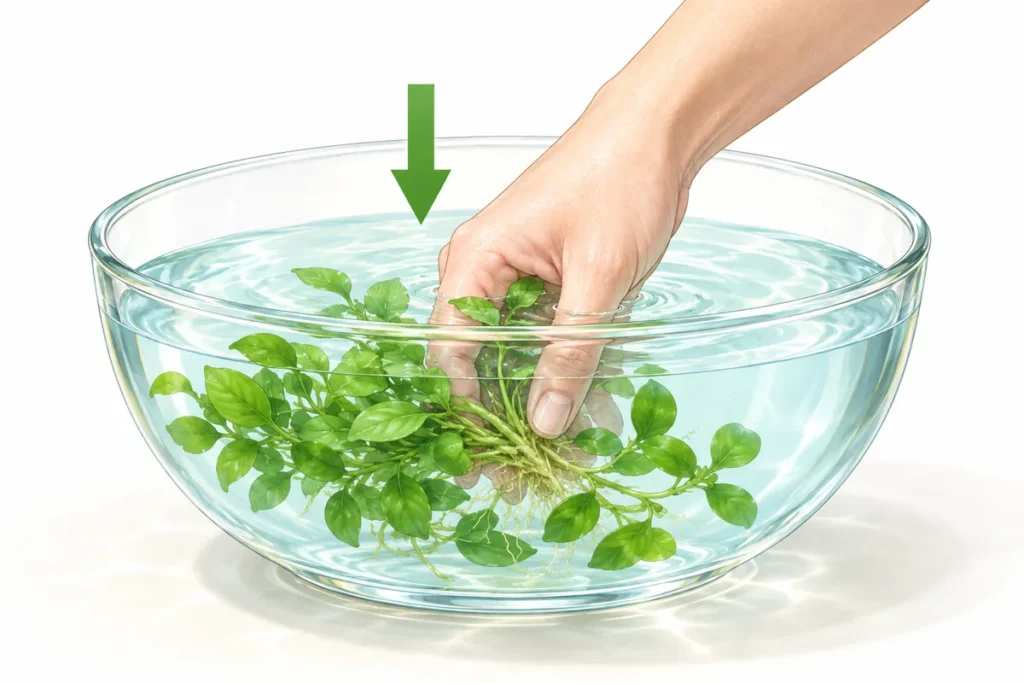 Hand submerging an aquarium plant in a bowl of diluted LGND Hades solution